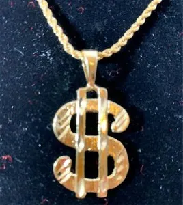 Authentic 14 KT GOLD PLATED 1 3/4 " $ SIGN CHARM -3518 W/16" 14KT GOLD EP 2.5mm ROPE