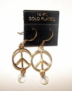 Authentic 14K GOLD PLATED PEACE SIGN WITH CRYSAL EARINGS HYPO ALLERGENIC