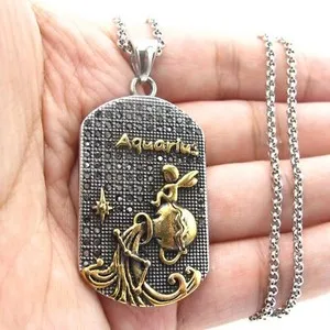 Authentic MENDEL Mens CZ Gold Plated Sign Aquarius Zodiac Necklace Pendant