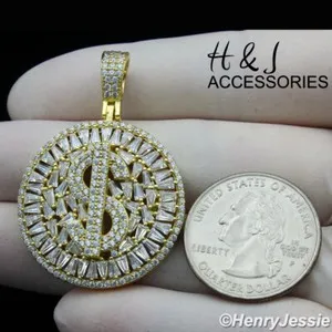Authentic 925 STERLING SILVER ICY BLING CZ DOLLAR $ SIGN GOLD PLATED ROUND PENDANT*AGP366