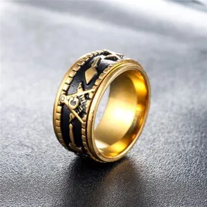 Authentic Man Gold Plated Masonic Freemason Band Ring Rotatable Spin