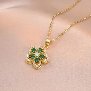 Authentic Gold Plated Zircon Flower Pendant Necklace Women Rotatable Choker Jewelry