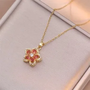 Authentic Gold Plated Rotatable Flower Zircon Pendant Necklace Jewlery gif