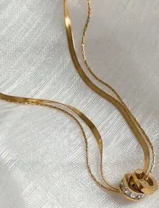 Authentic Gold Plated Rhinestone Rotatable 2 Layers Snake Chain Necklace