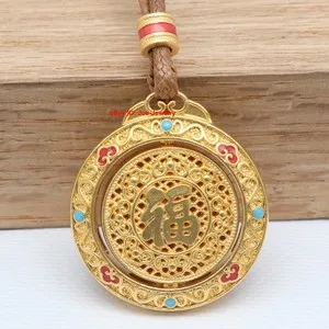Authentic Pure 999 Fine Silver Gold-Plated Rotatable 福 Lucky Pendant 28mm H+ Cord Necklace