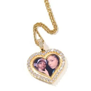 Authentic Rotatable Heart Custom Memorial Photo Pendant Necklace 5A Zircon 18K Gold Plated