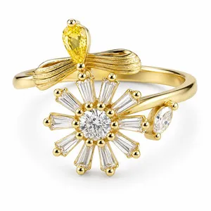 Authentic Elegant Rotatable Daisy Bee Spinner Ring Gold Plated Zircon Adjustable 1521