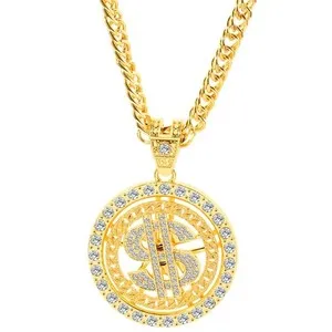 Authentic Gold Plated Chain with Dollar Sign Pendant Necklace Old School Hip Hop Rotatable