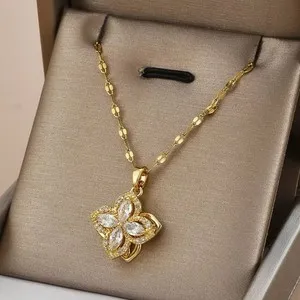 Authentic Rotatable Flower Pendant Necklace for Women 18K Gold Plated