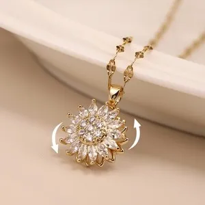 Authentic Flower Necklace, Double Layered Rotatable Sunflower Necklace Jewelry Gold Plated