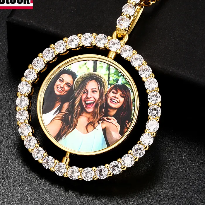 Authentic Rotating Double- Sided Photo Memory Medallions Custom Photo Pendant Necklace Hip Hop Jewelry Iced Out Zircon Pendant Custom