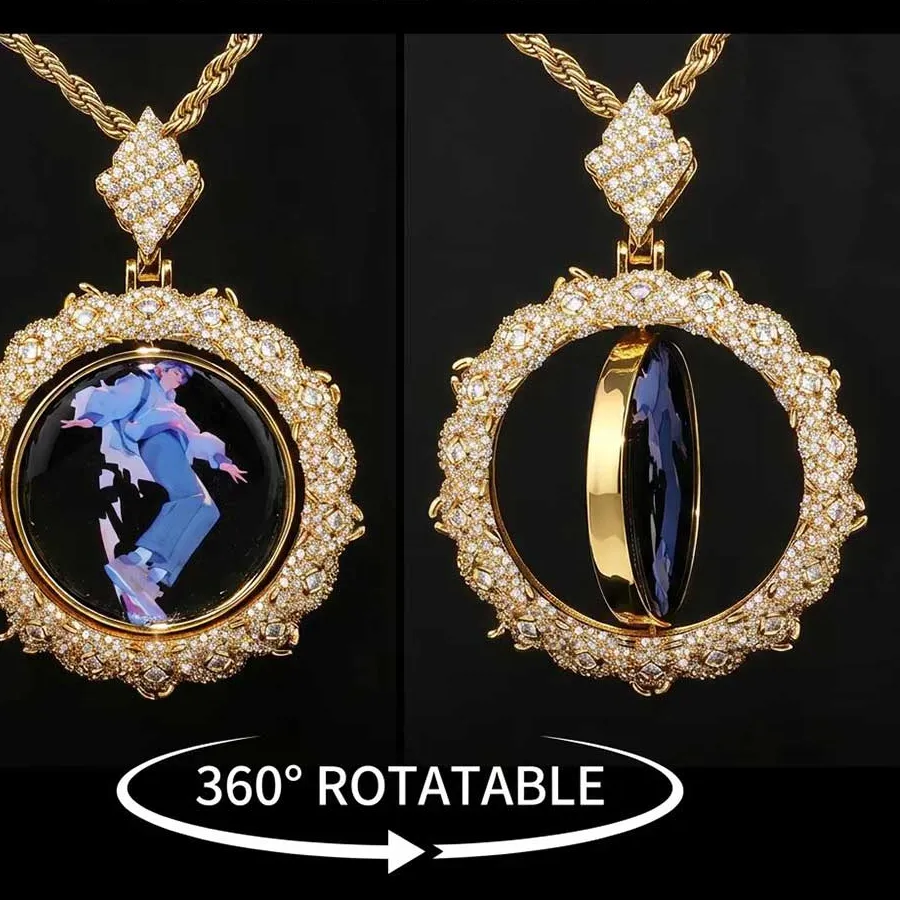 Authentic NY Customized 40mm Thorns Double Sided Round Photo Pendant Cubic Zirconia Rotating Personalized Picture Hip Hop Pendant Necklace