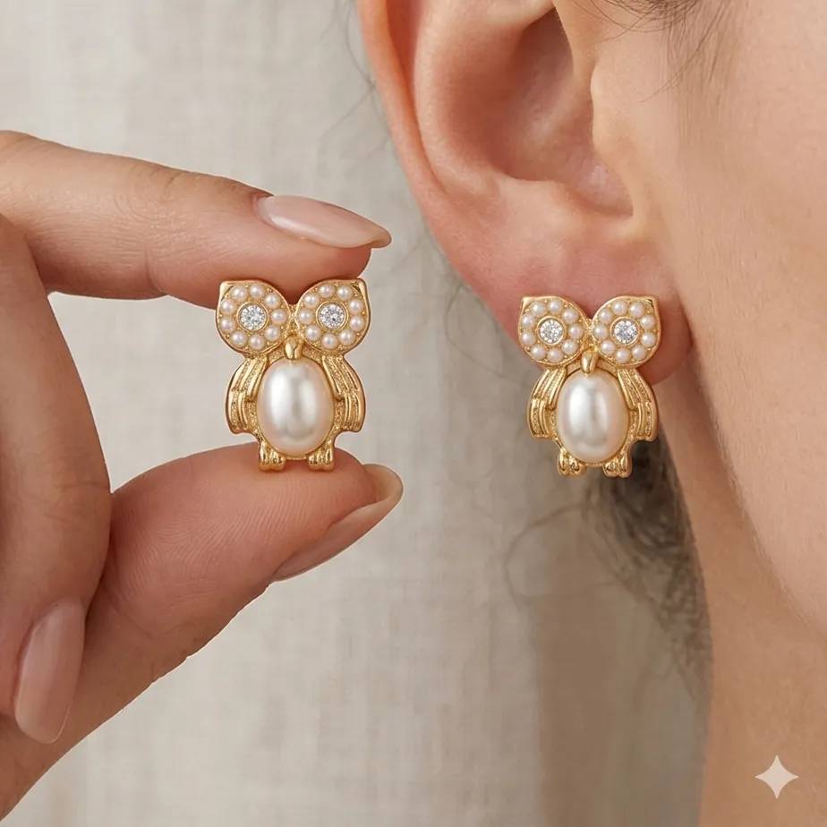 Authentic Cute Owl Stud Earrings for Women Vintage Gold Color Simulated Pearl Zircon Animal Earring Jewelry Party Accessories