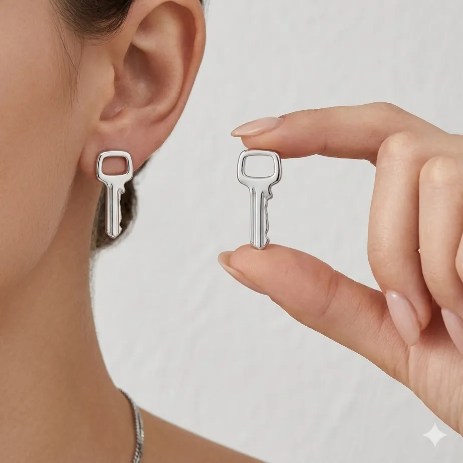 Authentic Silver Color Small Key Stud Earrings for Women Girls Minimalist Tiny Vintage Key Jewelry Unique Piercing Femme