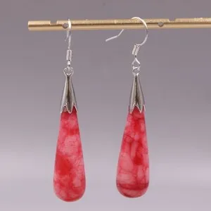 Authentic Gold Plated Heated Red Jade Long Charm Dangle Earrings 54mm H