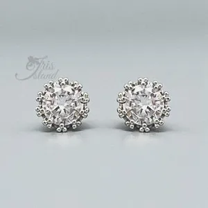 Authentic Women Men Clear Cubic Zirconia Crown Stud earrings White Gold Plated 08125