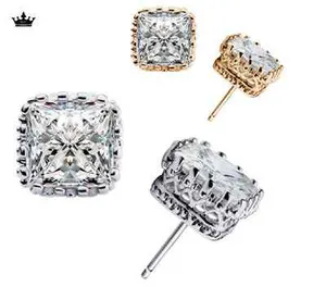 Authentic Square Crown Silver 6mm 7mm 8mm Princess Cubic Zirconia Stud Earrings