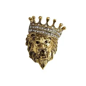 Authentic Vintage Animal Lion Head Brooch Crystal Crown Lapel Pin for Men and Women