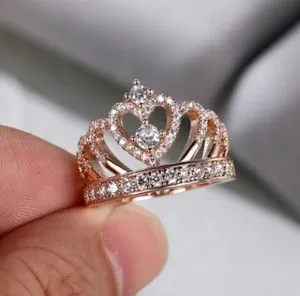 Authentic Cubic Zircon Gold Plated Crown Ring Jewelry Woman Wedding Sz 5-11