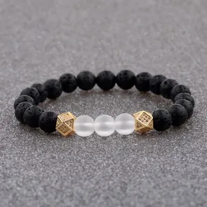 Authentic Exquisite Micro Pave CZ Ball Crown Couples Bracelet Men Volcanic Lava Agate Bead