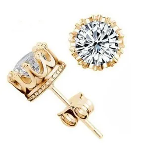 Authentic Fifth Avenue Round Cubic Zirconia 18K Gold Plated Large Crown Stud Earrings