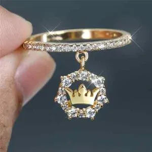 Authentic 18K Gold Plated Ring Crown Decor Inlaid Zircon Women Jewelry