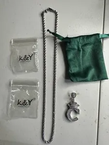 Authentic Richsteel Initial “C” Necklace for Men White Gold Plated Crown Shiny CZ