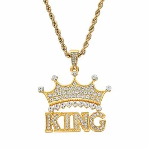Authentic 14k Gold Plated Crown King CZ Pendant with Rope Chain Hip Hop