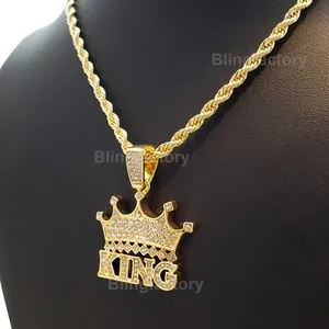 Authentic Iced Gold Plated Cubic Zirconia KING Crown Pendant 24" Rope Chain Necklace
