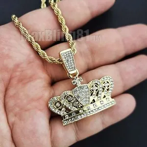 Authentic Gold Plated CROWN KING Necklace & Iced Cubic Zirconia Cuban & Tennis chain