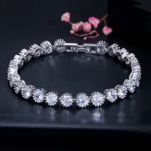 Authentic Yellow Gold Plated CZ Round Crown Tennis Chain Link Bracelet Bangle for Women