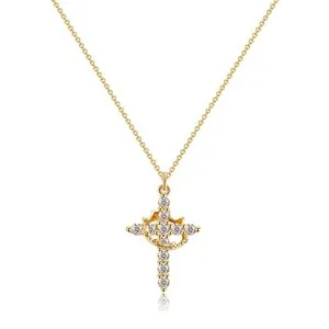 Authentic Gold Crown Cross Necklace for, Gold-Plated Christian Faith Necklace with Dia...