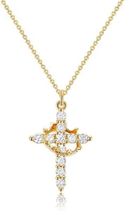 Authentic Upgraded Crown Cross Necklace for Women, 14K Gold Plated Crown Cross Pendant Nec