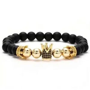 Authentic GOLD PLATED KING CROWN CUBIC ZIRCONIA CHARM HIP HOP BEADS CHAIN 8mm BRACELET