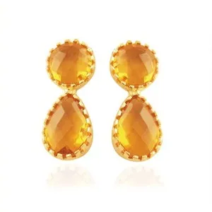 Authentic Yellow Citrine Quartz Gold Plated Crown Setting Statement Push Back Stud Earring