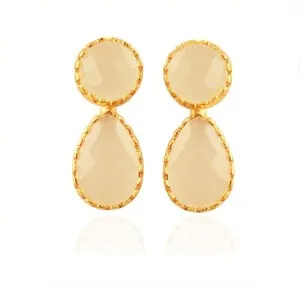 Authentic White Chalcedony Gold Plated Crown Set Vintage Push Back Gemstone Stud Earring