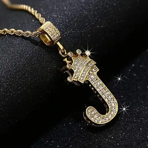 Authentic Gold Plated Cubic Zirconia Crown Initial J Pendant & Rope Chain Necklace