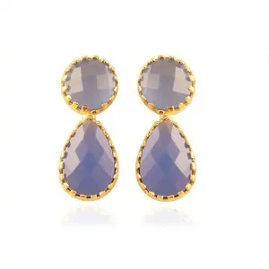 Authentic Blue Chalcedony Gemstone Gold Plated Crown Set Vintage Push Back Stud Earring