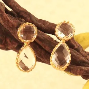 Authentic Handmade Clear Quartz Gemstone Gold Plated Crown Setting Statement Stud Earring