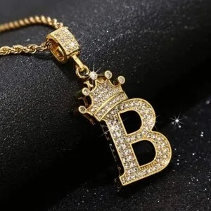 Authentic Gold Plated Cubic Zirconia Crown Initial B Pendant & Rope Chain Necklace