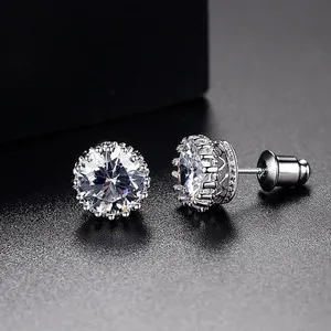 Authentic Gold Plated Crown Stud Earrings 9mm CZ Men Women Jewelry