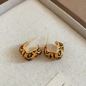 Authentic Woman 18K Gold Plated Leopard-print Round Huggie Hoop Earring Stud