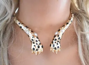 Authentic Leopard Paws Choker Women Enamel Crystal Necklace Gold Plated Eye Catcher
