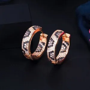 Authentic Gold Plated Cubic Zirconia Micro Paved Round Circle Leopard Print Hoop Earrings