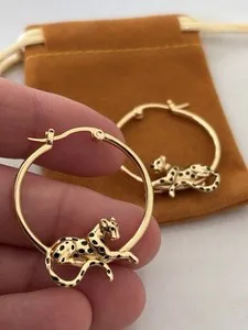 Authentic Gold Plated 925 Sterling Silver Leopard Large Hoop Earrings