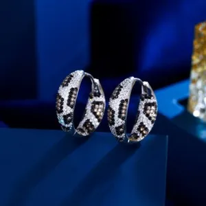Authentic Gold Plated Cubic Zirconia White Black Women Micro Pave Leopard Hoop Earrings
