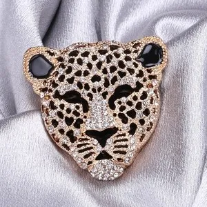 Authentic Moissanite Crystal Leopard Head Brooch Retro Animal Pin 14K Yellow Gold Plated