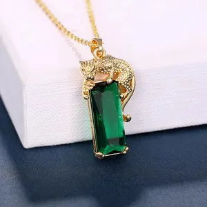 Authentic 1.00Ct Lab-Created Emerald Leopard Pendant 14K White Gold Plated 925 Silver