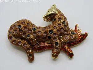 Authentic Gold Plated Enamel Leopard on Branch Brooch Pin