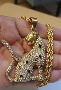 Authentic Hip-Hop Iced Gold Plated Tone Leopard Pendant Necklace 24" Chain